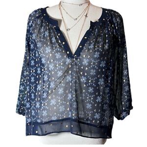 Hollister Boho Peasant Blouse Chiffon 3/4 Sleeve blue Size Small